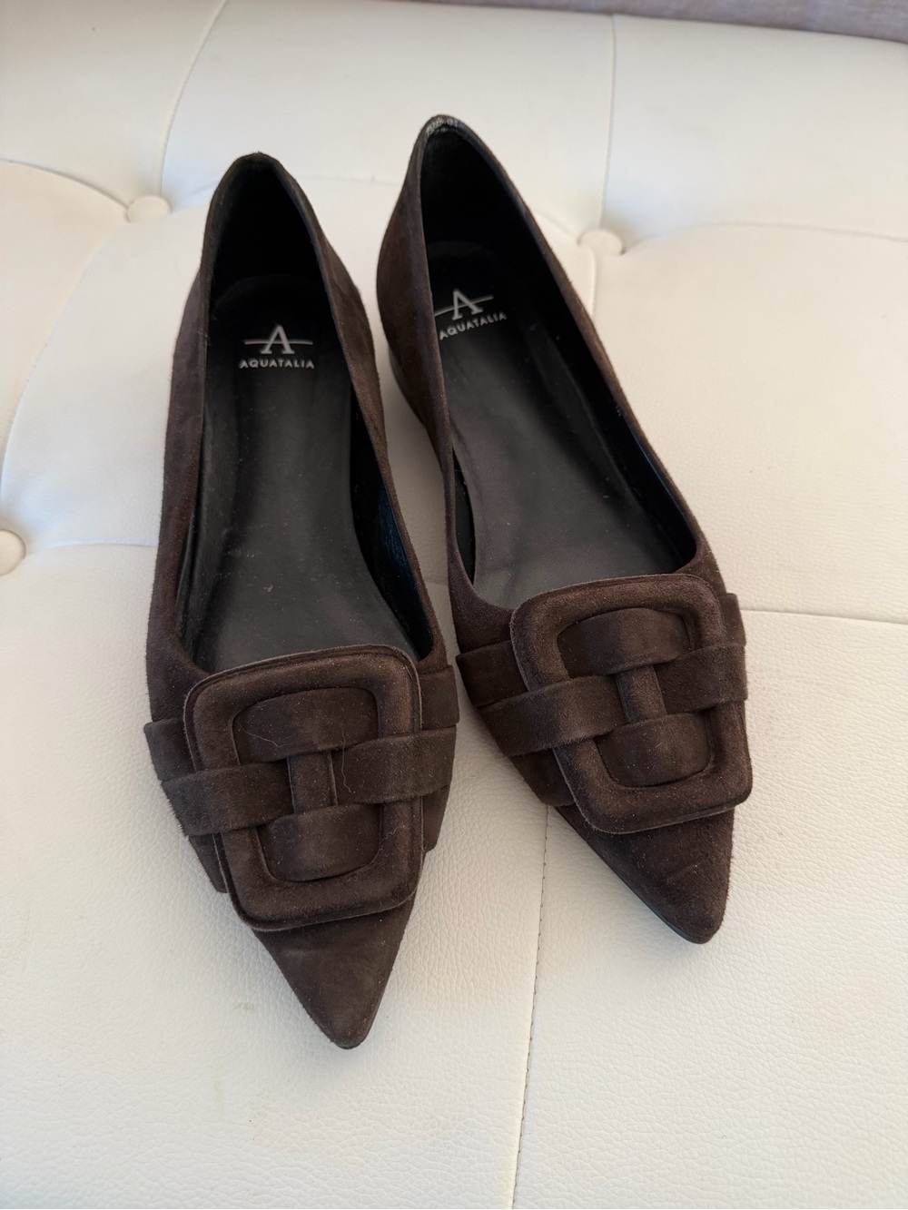 Aquatalia Dark Brown Suede Pointed Toe Flats with Decorative Buckle